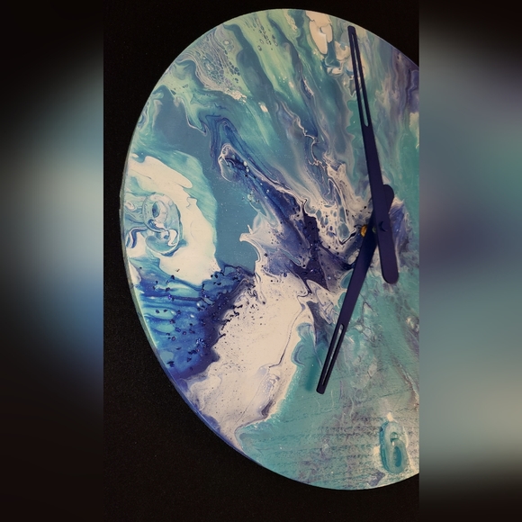 15" Circular Hand-Painted Wall Clock, Blue, White - Picture 3 of 5